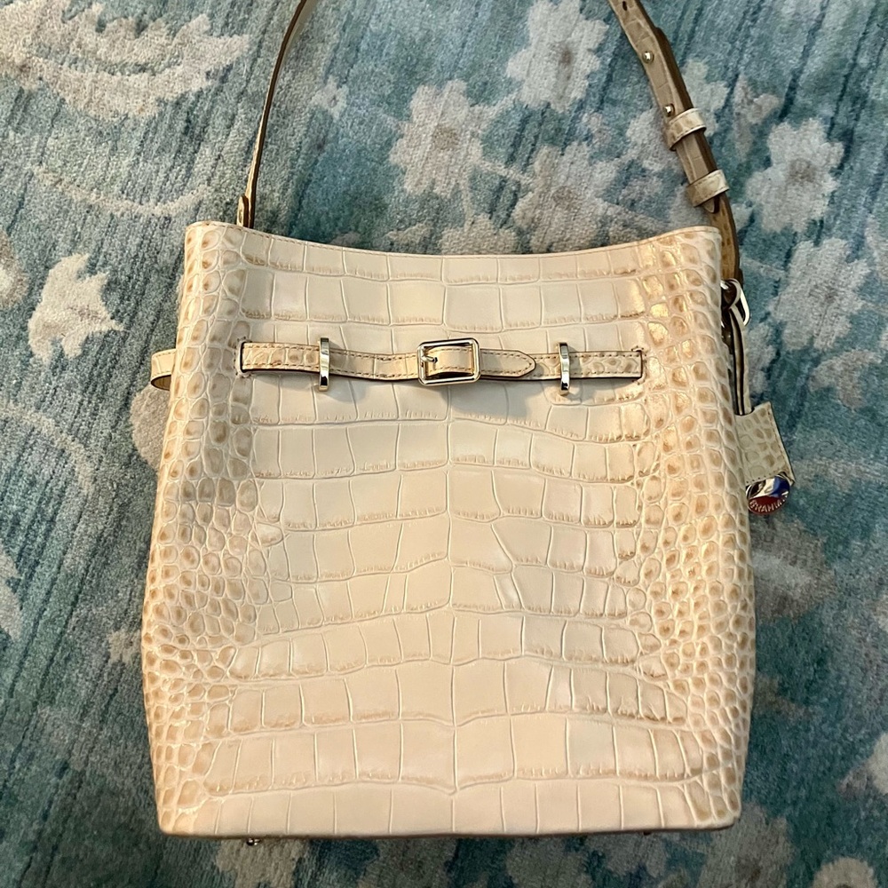 Cream Croc-Embossed Shoulder Bag with Buckle Detail